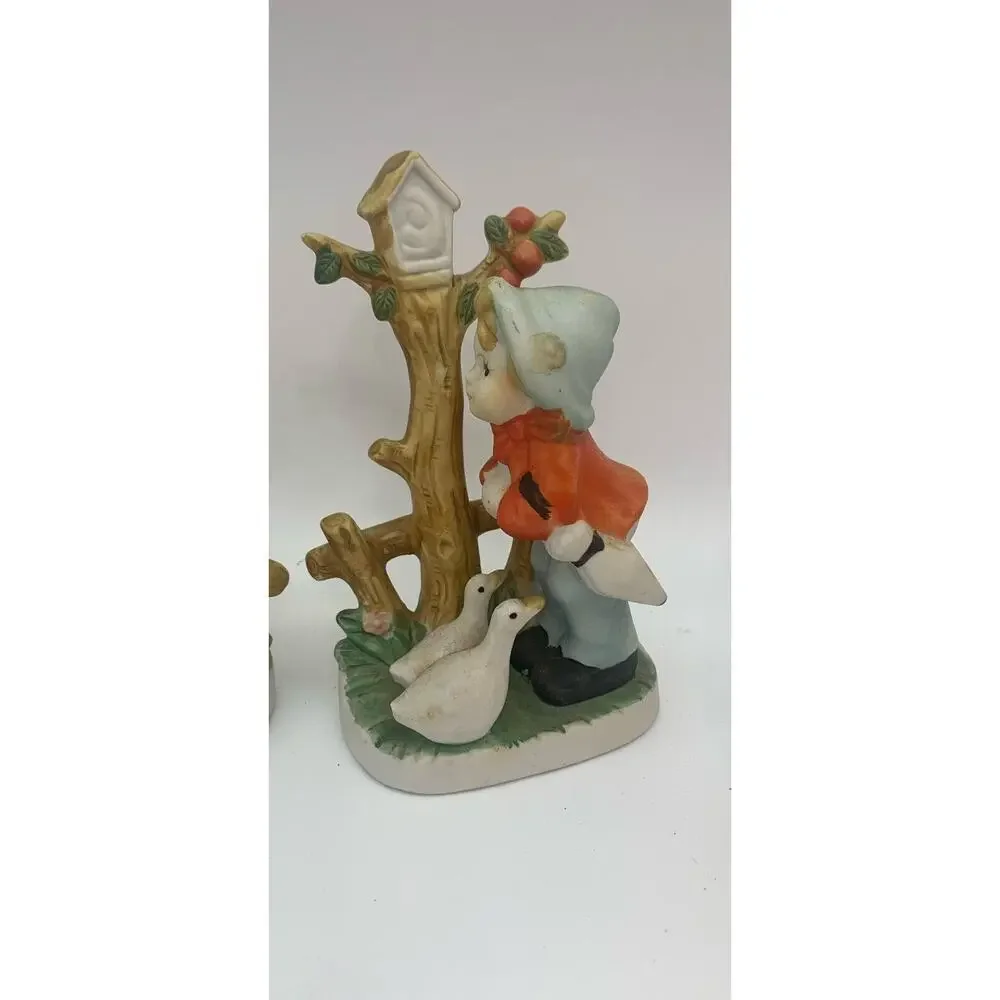 Vintage Artmark Lot Of 2 Boy‎ & Girl Figurines With Ducks Birdhouse Apple Tree